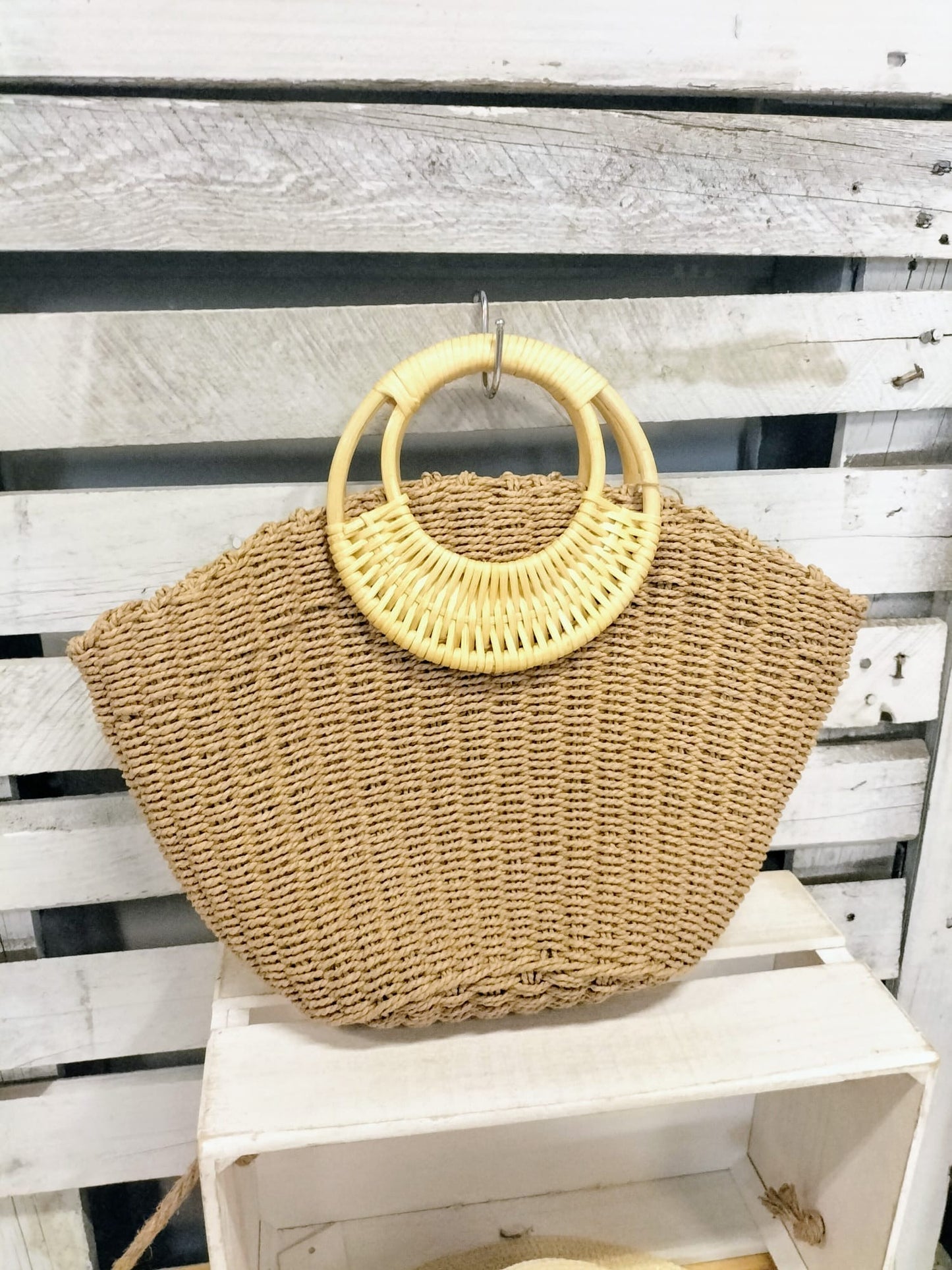 Bolso rafia /asa madera natural - botanikamoda