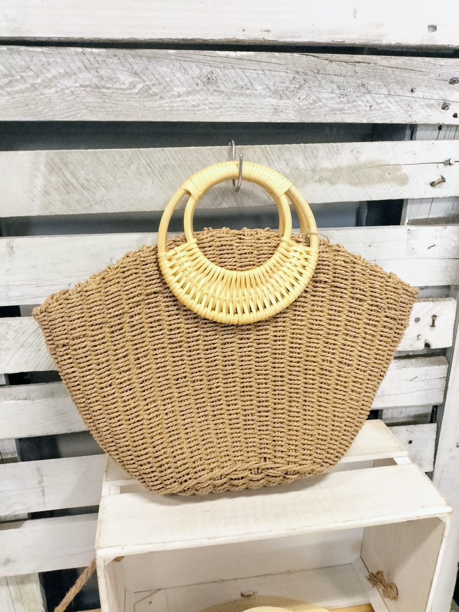 Bolso rafia /asa madera natural - botanikamoda